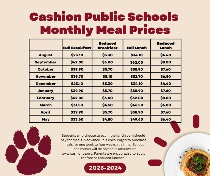 Cashion Public Schools 20232024 Cafeteria Meal Price Information